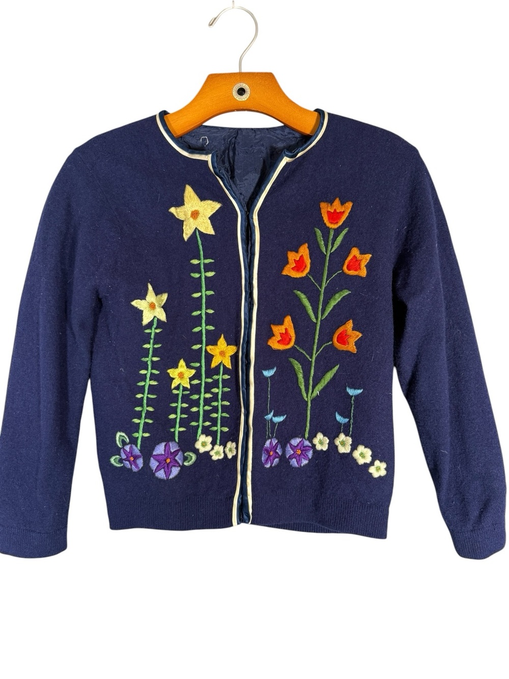 Vintage Navy Blue Folk Art Embroidered Cardigan Sweater Storybook  Whimsical XS